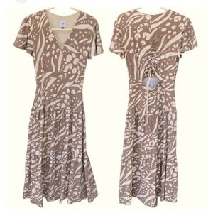 Cabi Safari Dress Brown Tan Animal Print Midi V-Neck Cutout Back Small 5966